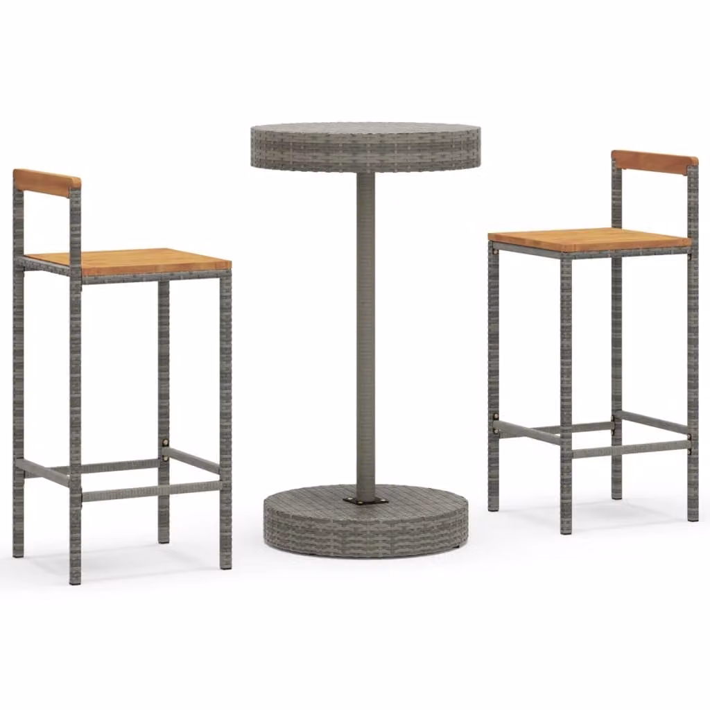 Set Bar Giardino 3pz Grigio Polyrattan e Legno Massello Acacia