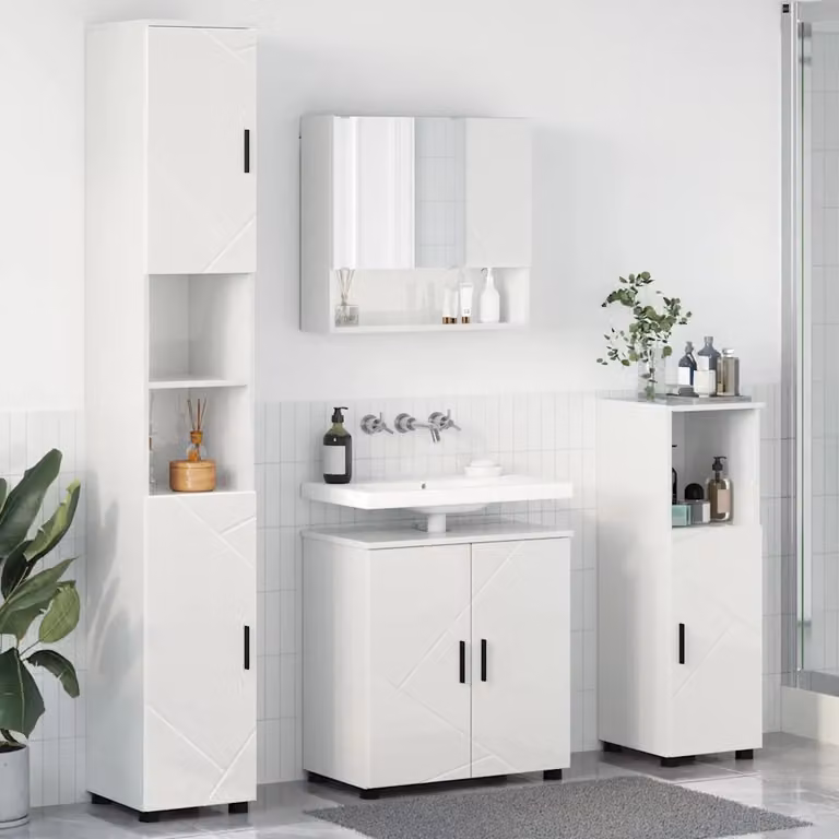 Set di mobili per il bagno moderno vidaXL in 4 pezzi Bianco Lucido L/P/H: 61 x 35 x 64 cm