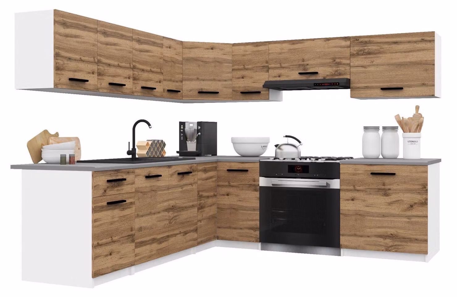 Belini - Angolo cottura moderno ITALIA 7 - Mobili da cucina 420 cm color oro-marrone - Cucina componibile con pensili, mobili base e piani di lavoro
