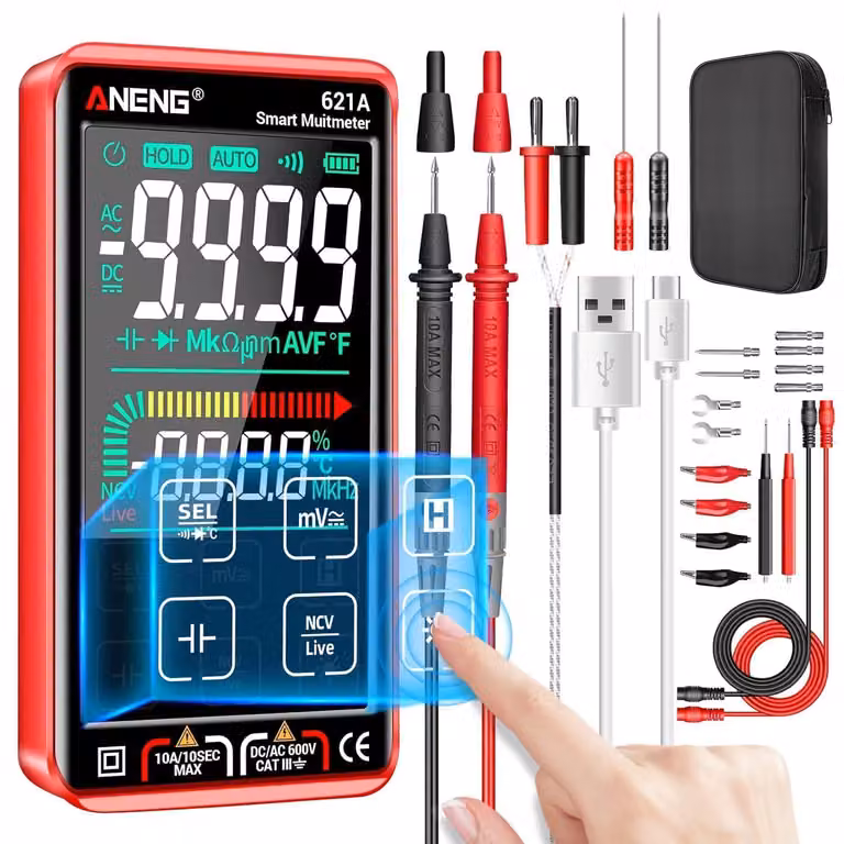 Multimetro digitale con tester touch, ricaricabile, ohm-voltmetro TRMS, conteggio fino a 9999