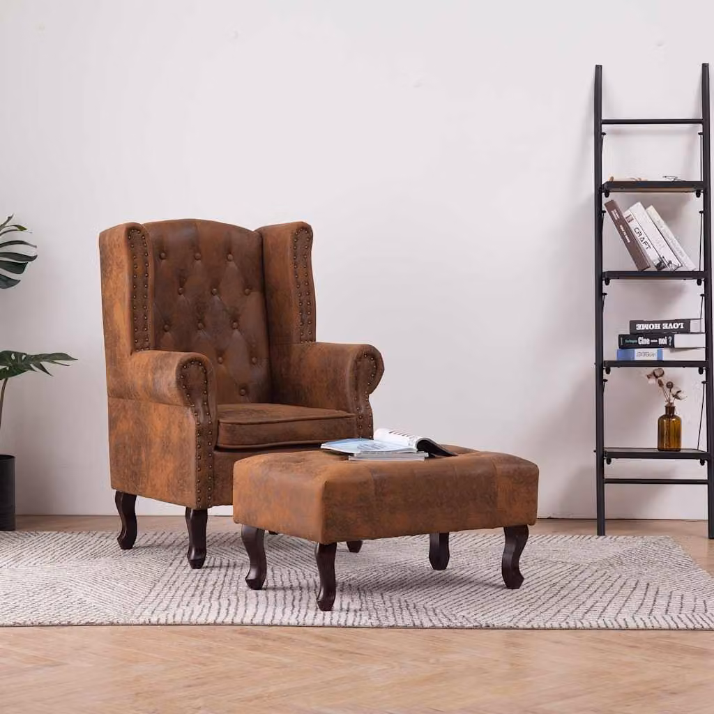 vidaXL Poltrona Chesterfield con Poggiapiedi in Ecopelle Marrone e Struttura in Legno Massello – 1