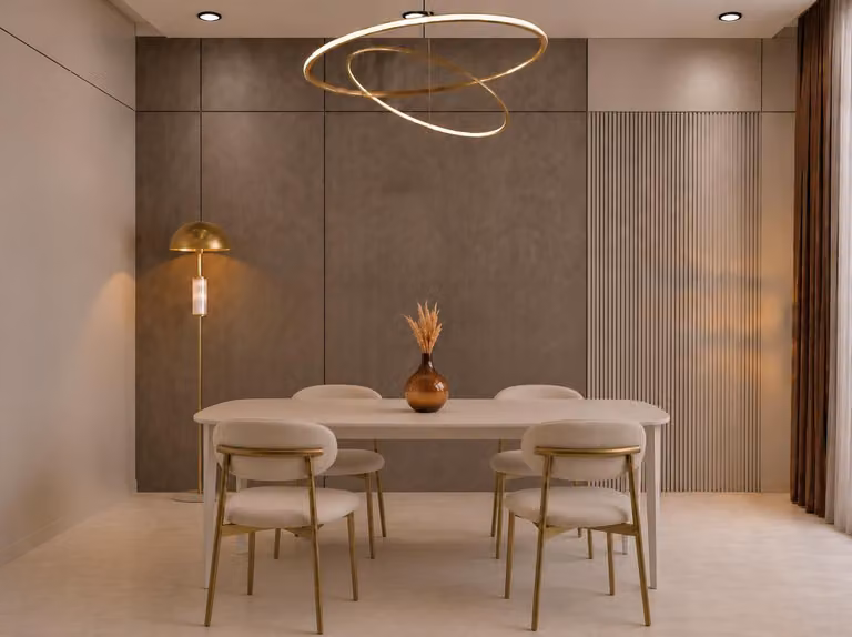 Set tavolo e sedie beige, stile moderno, gruppo tavolo da pranzo in legno, sedie imbottite dal design elegante