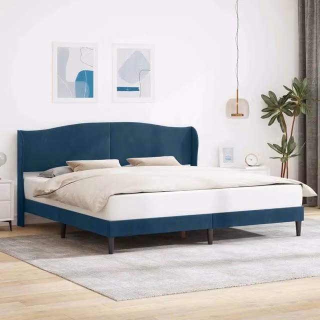 Letto moderno con testiera e giroletto in velluto blu, L/P/H: 200 x 200 x 101 cm