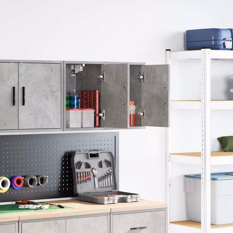Set di 2 pensili da garage vidaXL in legno e MDF, stile industriale, colore grigio cemento, con ante a battente e montaggio a parete