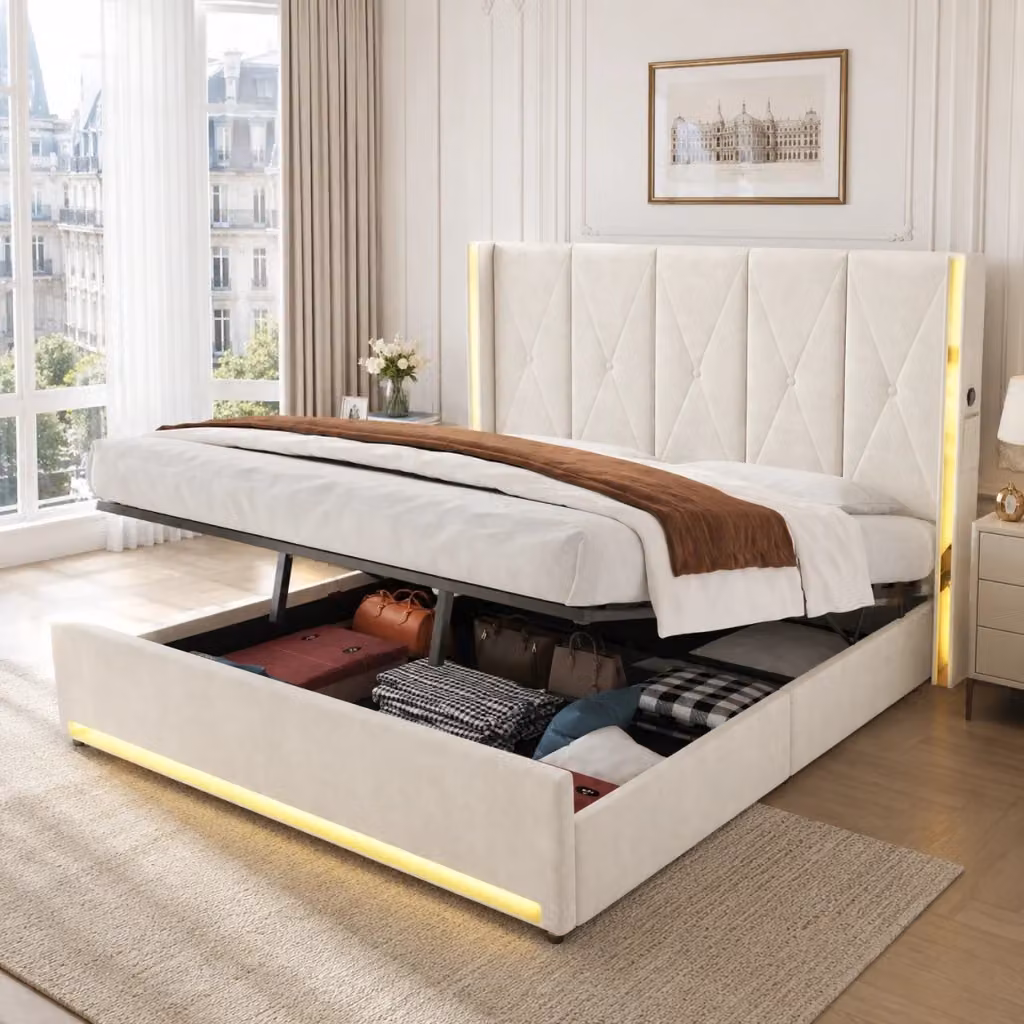 Letto imbottito REDOM in velluto beige con contenitore, porte USB e illuminazione LED, L/P/H: 180 x 200 x 141 cm – 2
