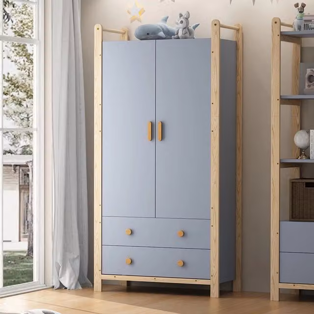 Armadio 2 ante 90x45x180 cm - Xylo - con appendiabiti, 2 cassetti, blu e telaio pino, per camera