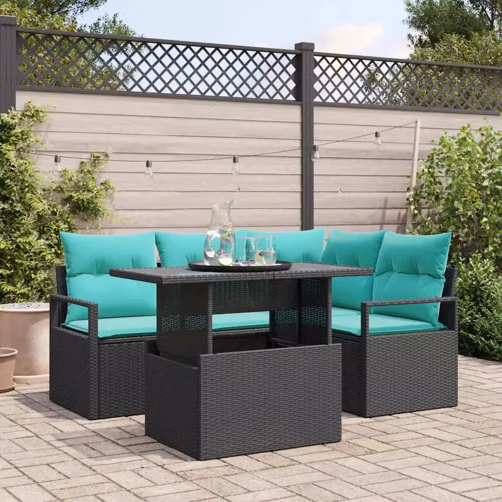 Set Divano da Giardino vidaXL 5 Pezzi con Tavolino e Cuscini, Struttura in Acciaio e Tessuto Resistente ai Raggi UV, Nero e Blu/Turchese