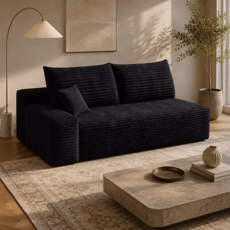 Divano angolare FOLYNA con chaise longue reversibile in velluto a coste nero e imbottitura in schiuma elastica