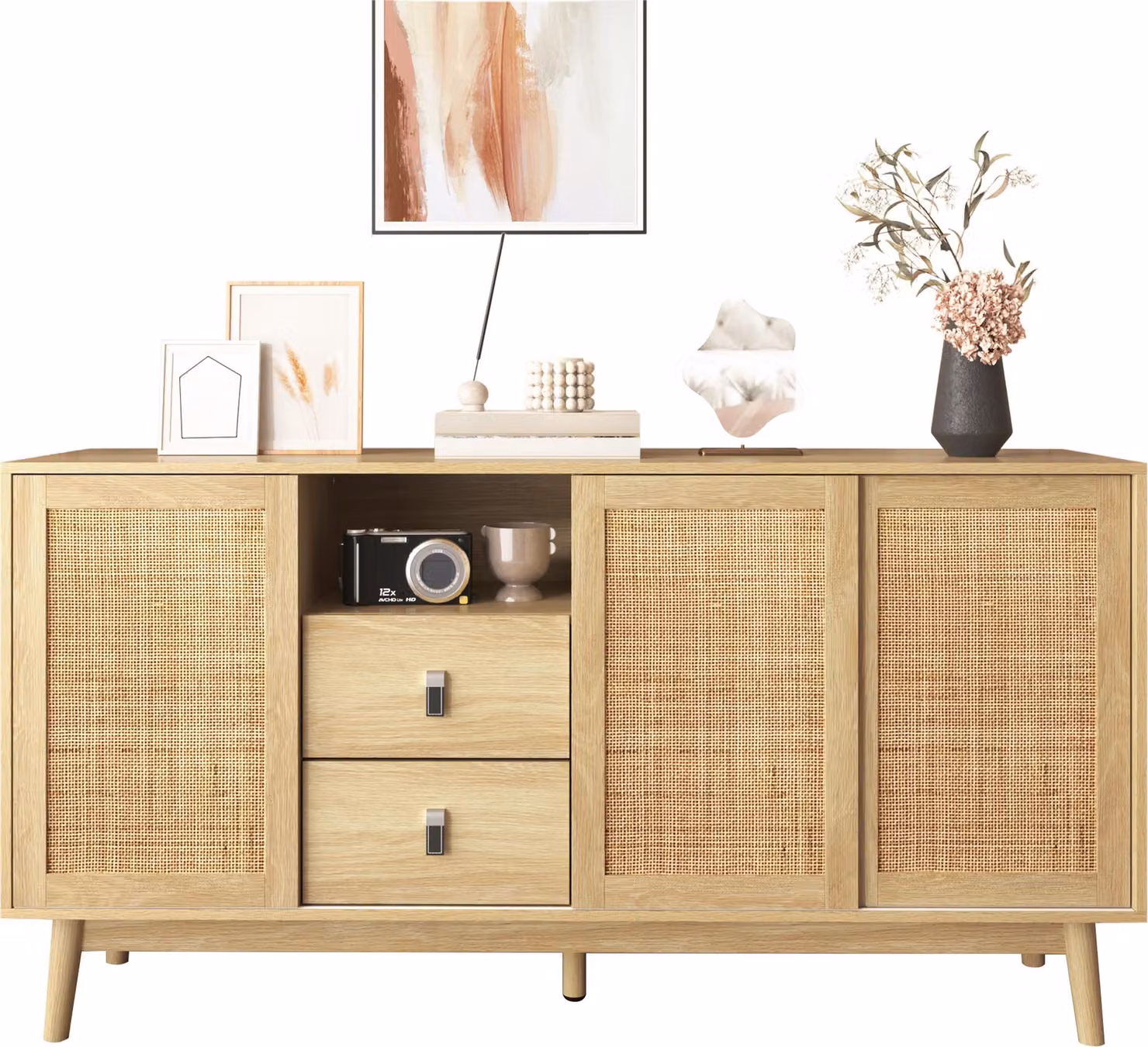 Credenza Sweiko con 3 ante scorrevoli in vero rattan e 2 cassetti, 155x38x80 cm, traspirante, stabile e versatile