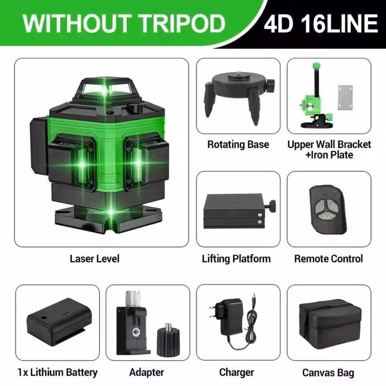 Livella laser a 4 piani - 16 linee - Autolivellante a 360° - Orizzontale e verticale - Raggio laser verde - Con custodia in tessuto