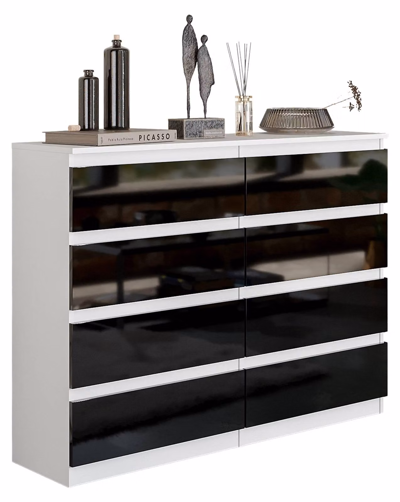 Comodà bianco opaco / nero lucido con 8 cassetti – Credenza moderna per camera da letto e soggiorno – Comodà capiente – GABRIEL