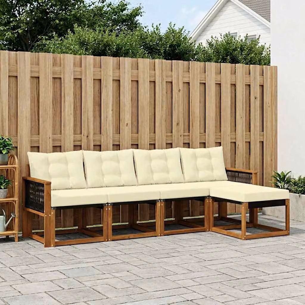 Set di divani da esterno vidaXL 5 pz in legno di acacia con cuscini beige e bianco per giardino e terrazza