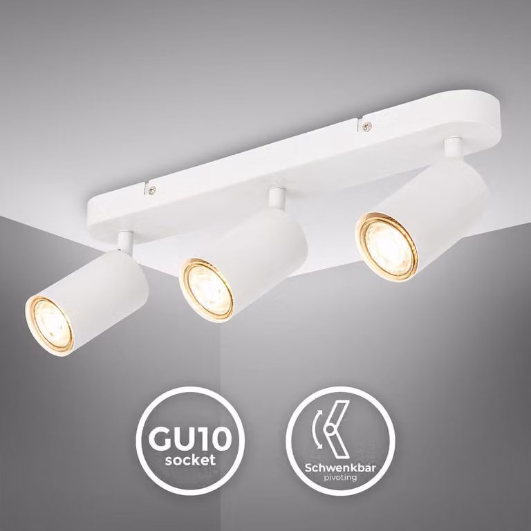 B.K.Licht - Lampada da soffitto orientabile, plafoniera GU10, lampada a 3 luci, spot da soffitto, lampada da soggiorno, lampada da camera da letto, lampada da cucina, lunghezza 39 cm, bianco