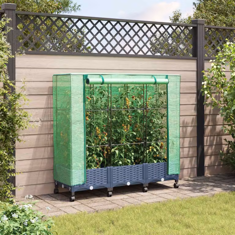 Set di 3 vasi da giardino con copertura per serra e ruote vidaXL in plastica, blu, grigio e verde