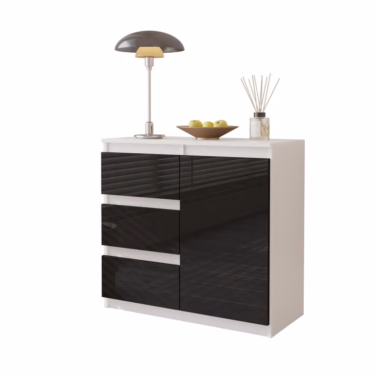 MIKEL - Cassettiera / credenza con 3 cassetti e 1 anta - Bianco opaco / Nero lucido H75cm L80cm P35cm