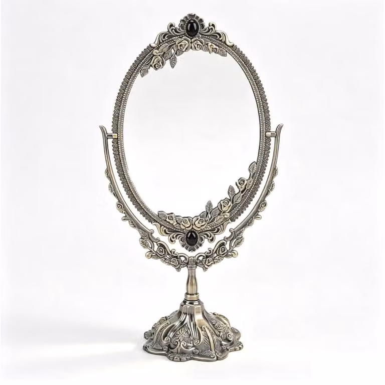 Specchio da tavolo ovale, vintage, in metallo, con doppio lato riflettente, dimensioni 15 x 12 x 29 cm