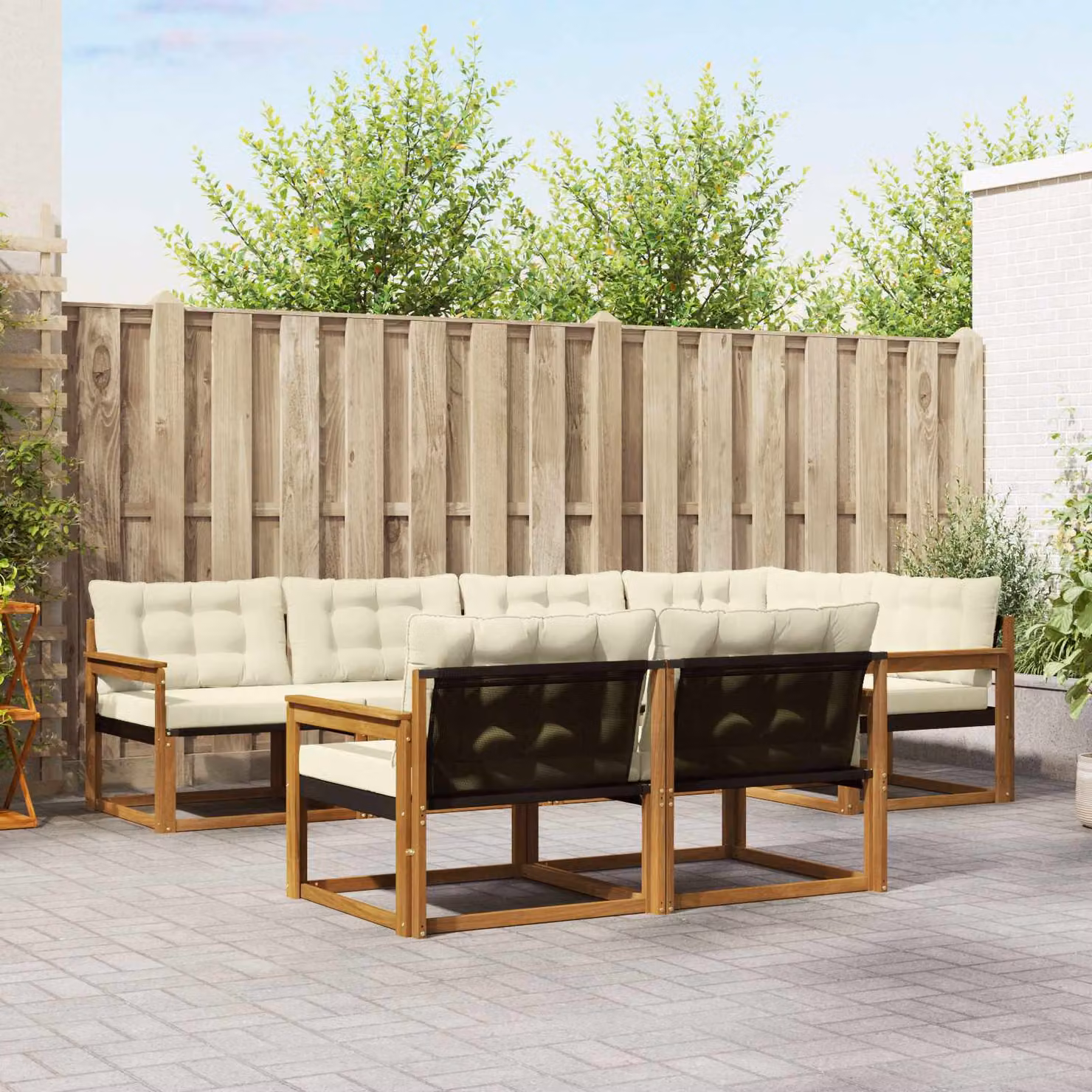 Set di divani da esterno a L vidaXL in legno di acacia con cuscini, 7 pezzi, beige e marrone