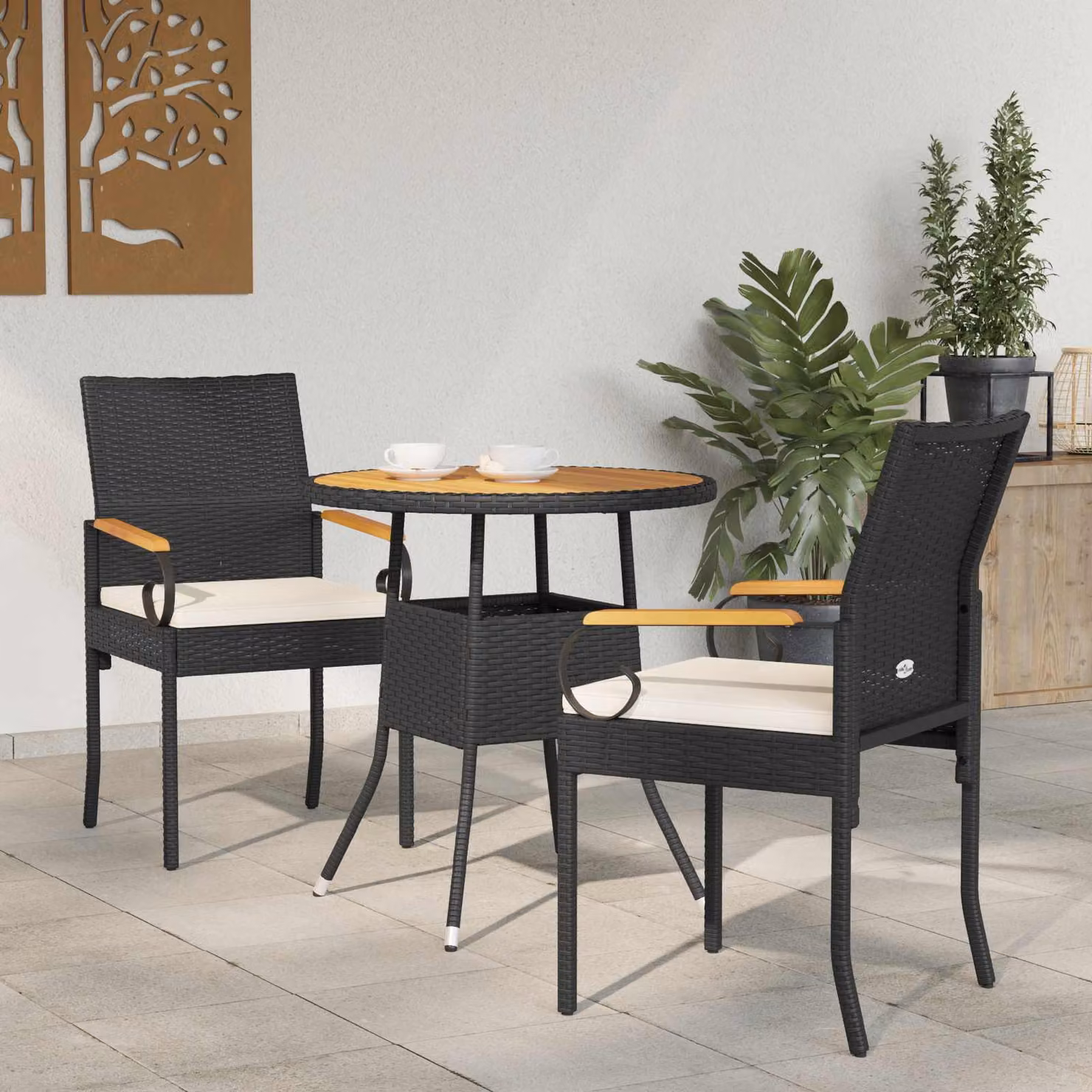Set di 2 sedie da giardino vidaXL in polyrattan e legno di acacia con cuscini inclusi, colori nero, bianco e beige