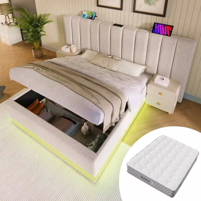 Letto matrimoniale contenitore 180 × 200 cm con rete a doghe LED USB e USB-C in lino beige con materasso