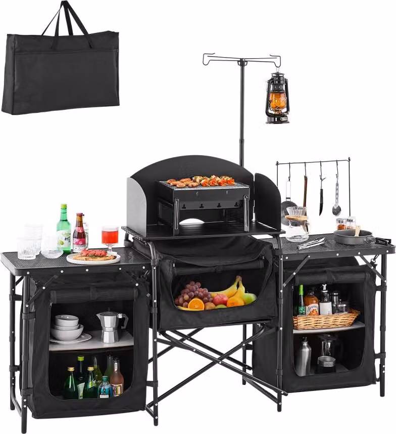 Cucina da campeggio all'aperto: tavolo da cucina portatile Tavolo da cucina con 3 armadi - ideale per picnic