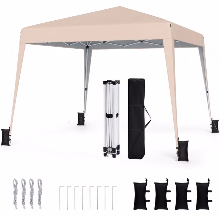 KOMFOTTEU, Gazebo pieghevole 3x3 metri, tenda da giardino pop-up con protezione solare, struttura in metallo, 4 sacchi di sabbia, cinghie antivento, picchetti, borsa per il trasporto, tenda da festa regolabile in altezza, ideale per picnic e feste (beige)