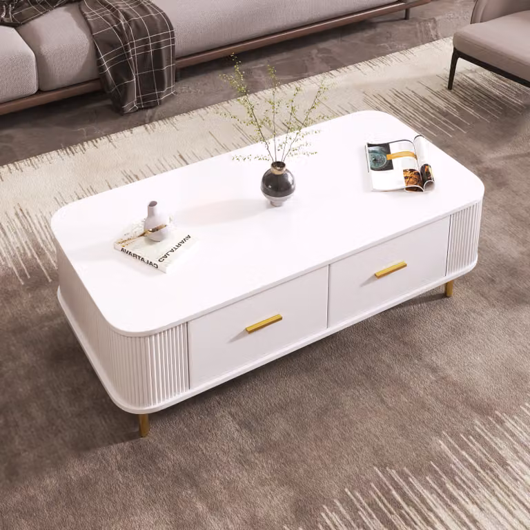 MODFU Tavolino da salotto con cassetti portaoggetti, ideale per il soggiorno o la camera da letto, con fianchi ondulati, maniglie e gambe dorate, bianco