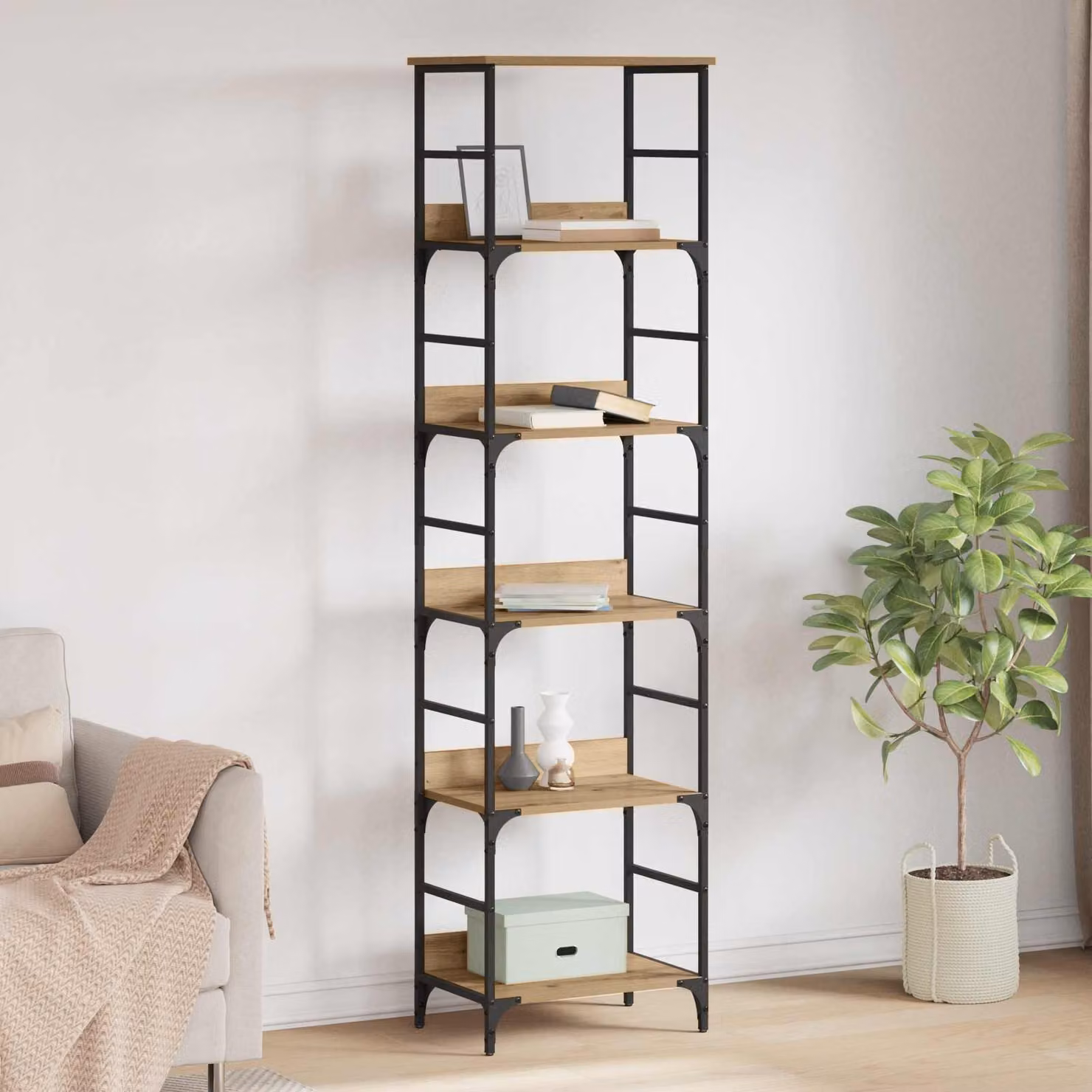 Libreria moderna vidaXL a 5 livelli in legno MDF e metallo, colore marrone e nero, L/P/H: 50 x 33 x 188,5 cm