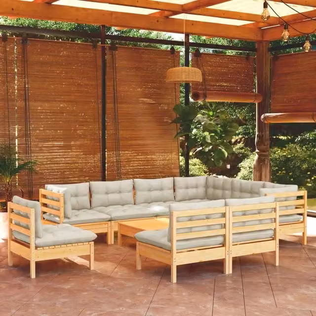 Set di Divani da Giardino vidaXL a Forma di U in Legno di Pino Massello con Cuscini Beige – 1