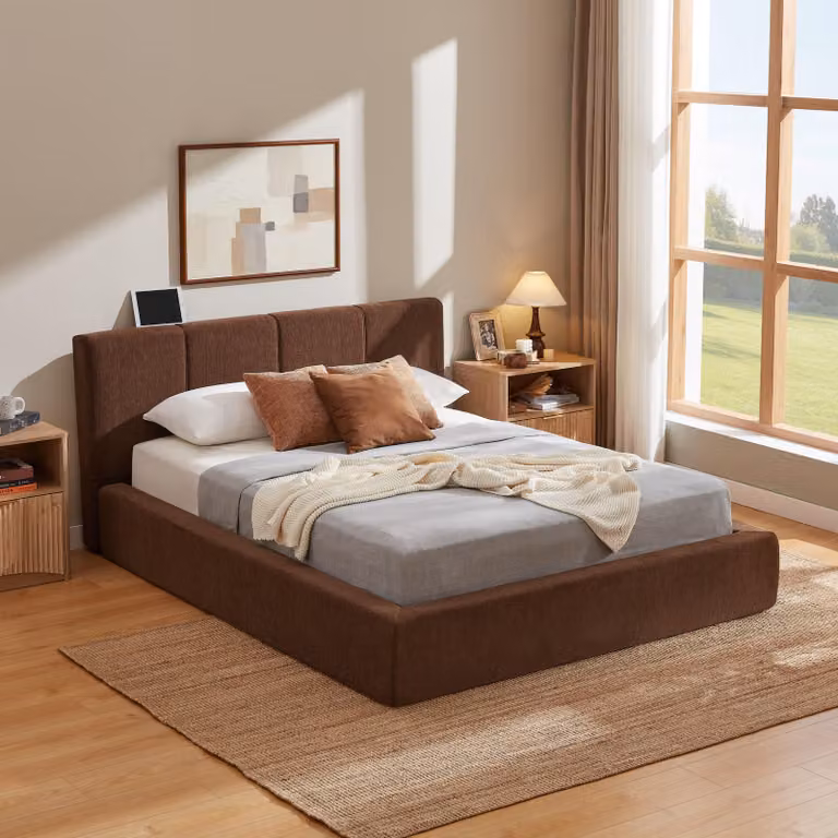 Letto imbottito LVHOM 140x200 cm, rivestito in tessuto tipo ciniglia con struttura a rete metallica e testiera, letto matrimoniale moderno, ideale per ragazzi, imballaggio compresso, colore marrone