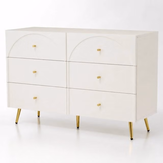 Cassettiera Capiente Con 6 Cassetti Mobile Design Moderno Minimal Per Camera Da Letto Ingresso Cameretta E Stanza Ospiti Dotata Di Piedini E Dettagli Oro 120 X 40 X 85 Cm Bianco