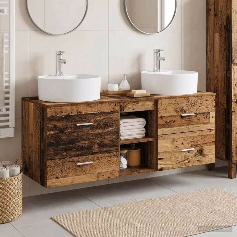 Set di 3 mobili da bagno moderni vidaXL in legno marrone, comprensivo di mobile lavabo e pensili, L 129 cm x P 44,5 cm x H 82 cm