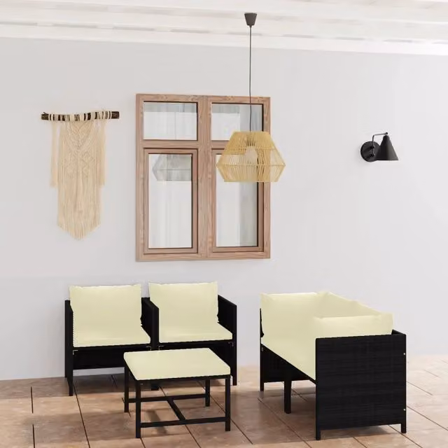 Set Divani da Giardino 5 pz con Cuscini in Polyrattan Nero 3059780