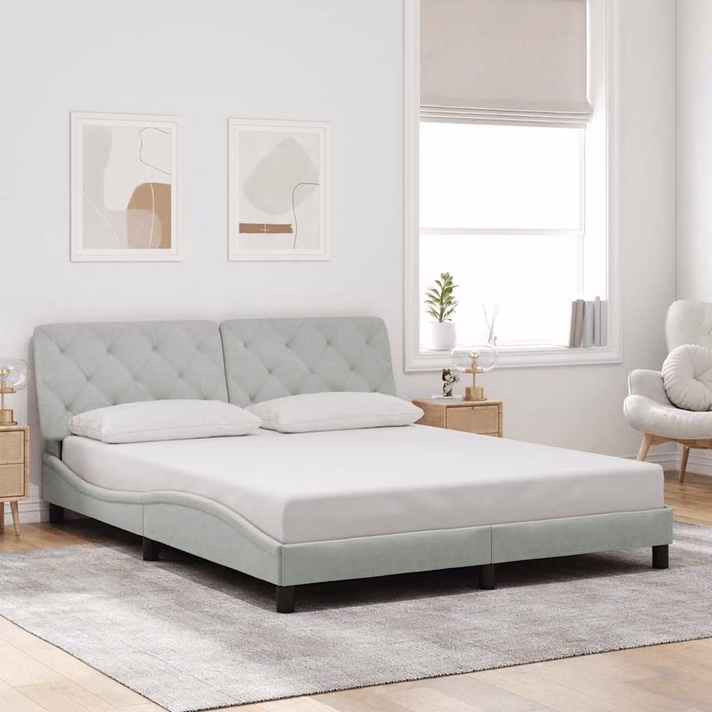 vidaXL Giroletto senza Materasso in Velluto Grigio con Doghe in Legno 160x200 cm – 1
