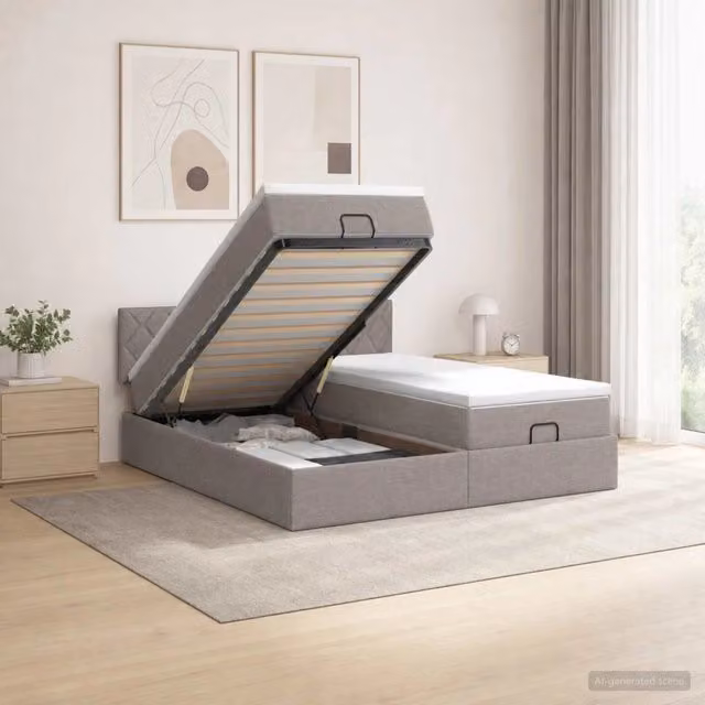Letto ottomano con materasso e testiera vidaXL in tessuto beige e grigio L/P/H: 200 x 200 x 88 cm