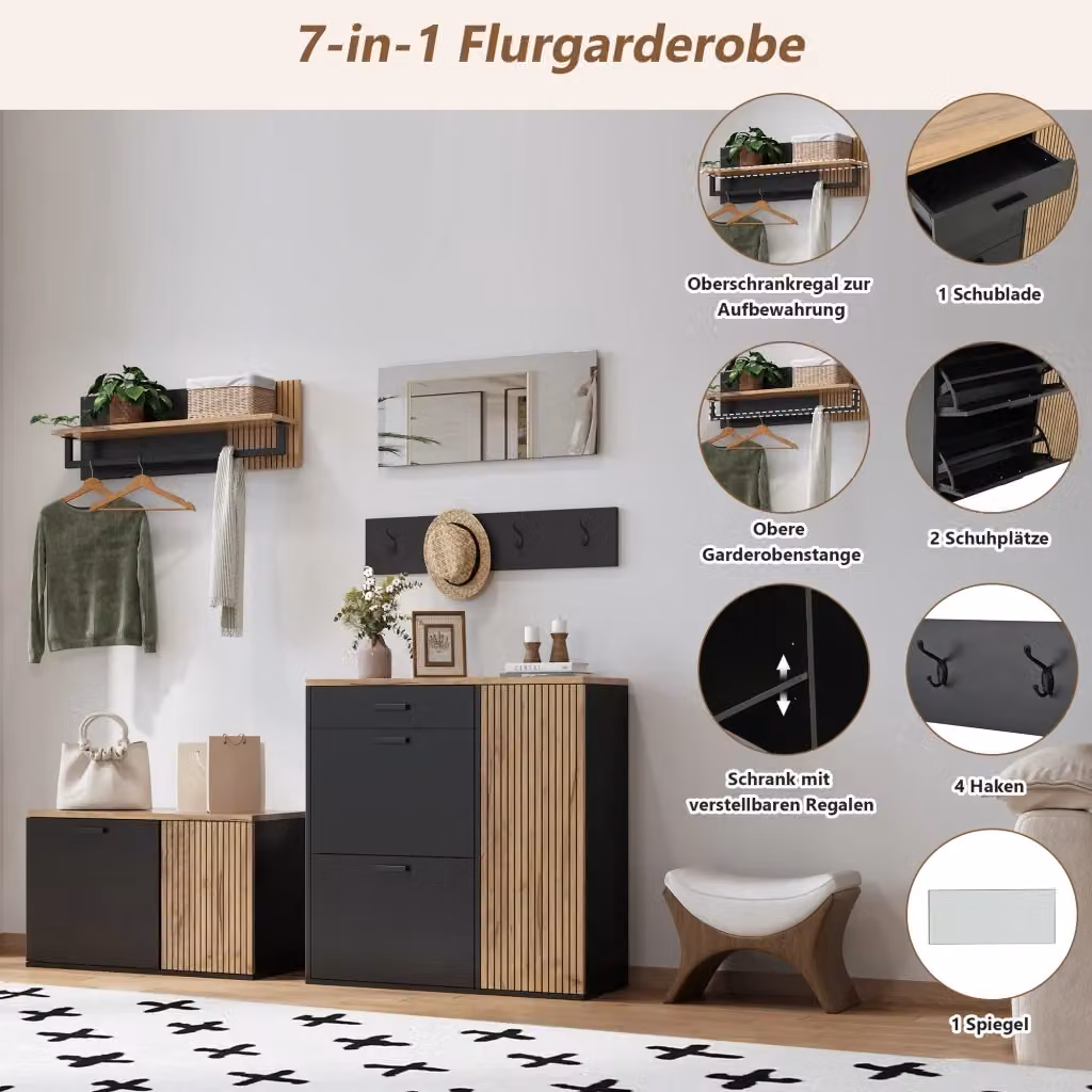 Set Mobili Ingresso REDOM 5 Pezzi Moderno con Specchio Scarpiera Panca e Appendiabiti Nero e Naturale – 2