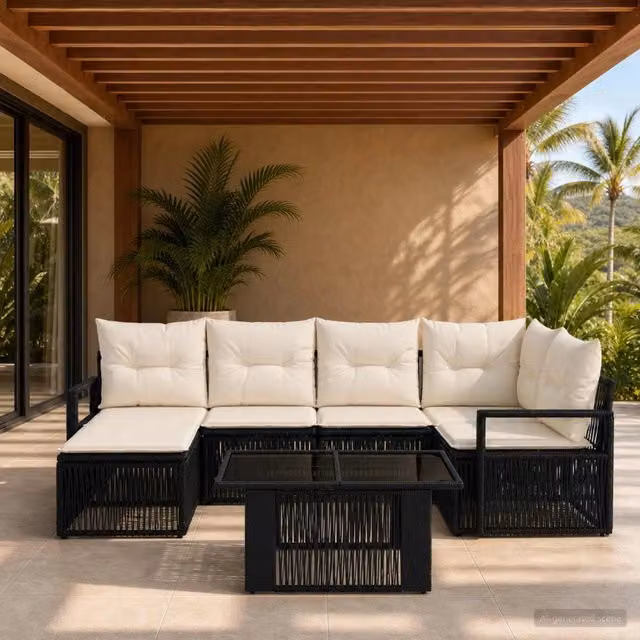 Set Divano da Giardino 7 pz Nero e Bianco Crema polyrattan 3437128