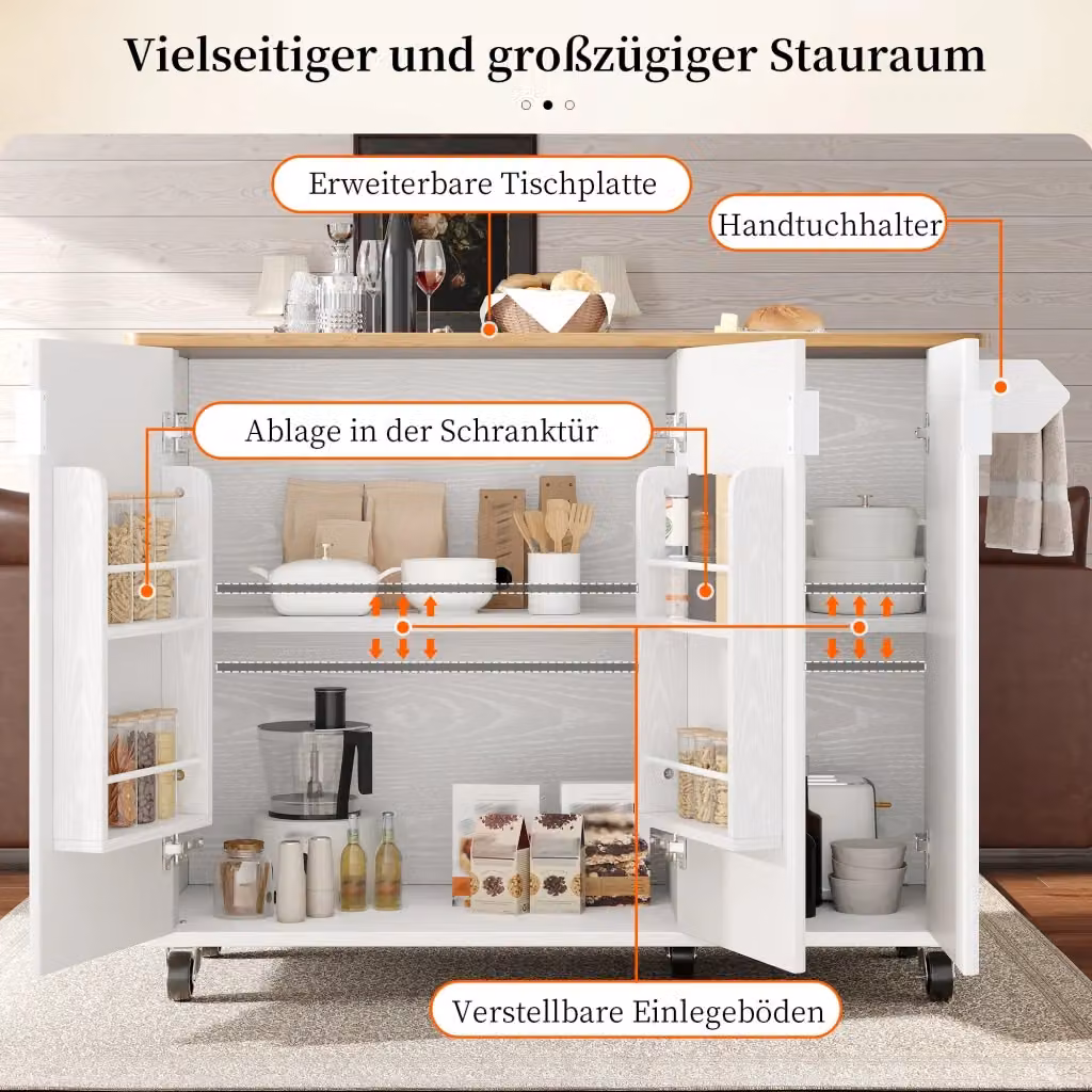 Isola da cucina moderna REDOM in MDF bianco opaco con ruote L: 130 cm, P: 45 cm, H: 92 cm – 2