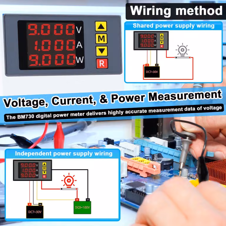 Misuratore di tensione e corrente 3 in 1 BM730, voltmetro digitale a 4 cifre, amperometro multifunzionale con supporto sonoro e regolazione fine del display