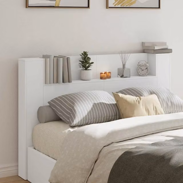Testiera decorativa vidaXL in legno multistrato bianco con illuminazione integrata e mensola, L 160 x P 16,5 x H 103,5 cm – 1
