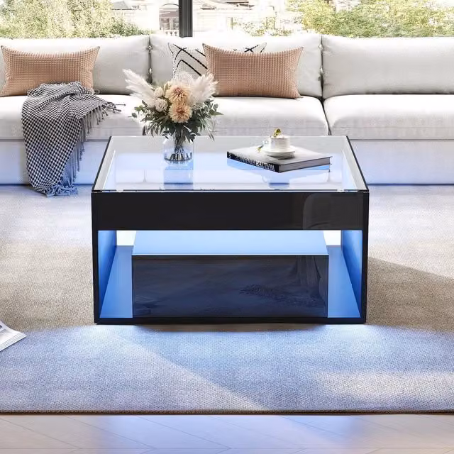 Tavolino da caffè MINIMAL con LED e cassetti in vetro temperato e MDF, Nero, L: 70 cm, P: 70 cm, H: 35 cm – 1