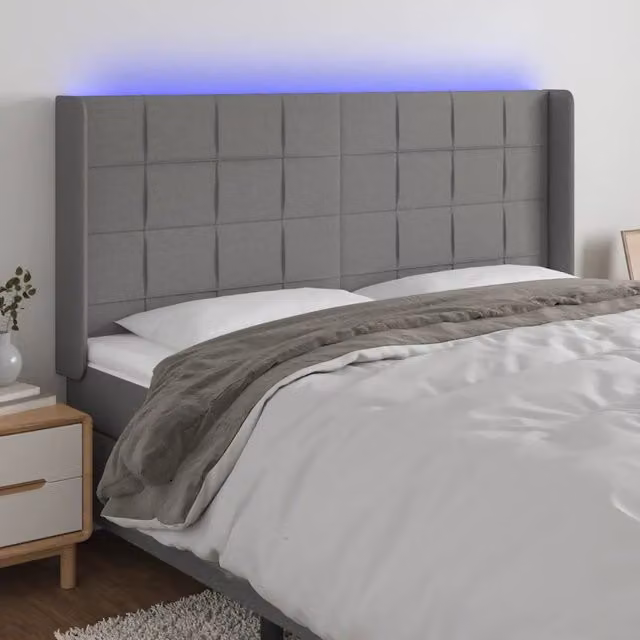 Testiera con LED Design Mania in tessuto grigio scuro con porta USB e luci integrate L: 203 cm, P: 16 cm, H: 118/128 cm