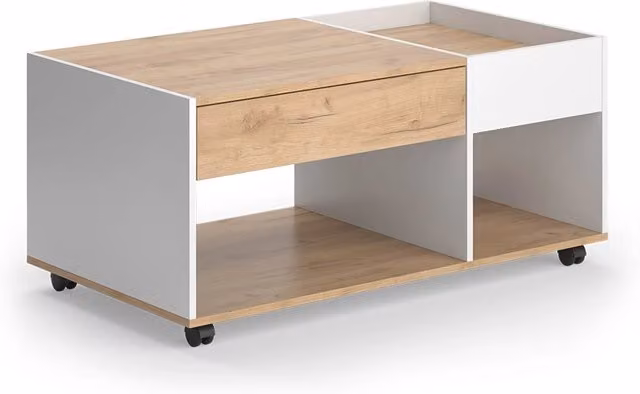 Tavolino rettangolare moderno Vicco in rovere e bianco con cassetto, L: 110 cm, P: 60 cm, H: 49,5 cm
