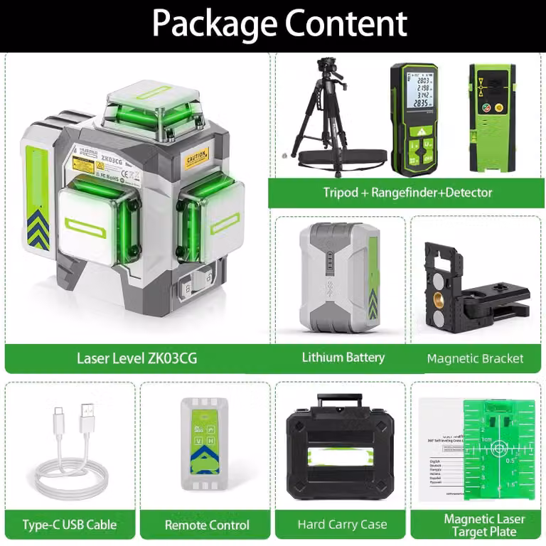 Livella laser – Proiettore laser a croce 3D – Autolivellante – Laser verde – con treppiede