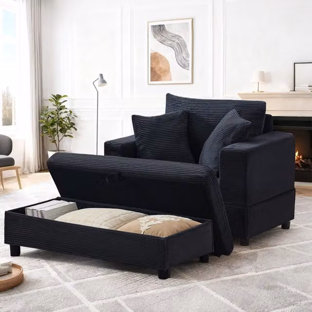 Chaise longue con poggiapiedi e contenitore, divano lounge con 3 cuscini in tessuto a coste nero
