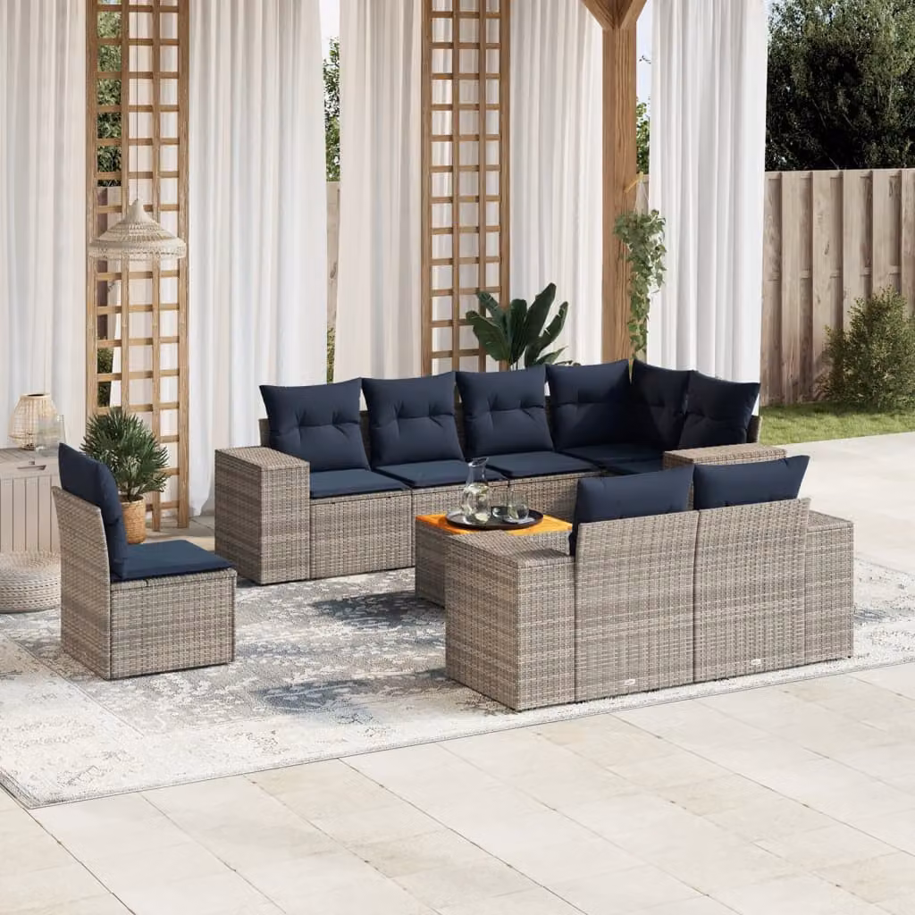 Set Divani da Giardino vidaXL 9 pz in Polyrattan Grigio con Cuscini e Tavolino da Esterno a Forma di U