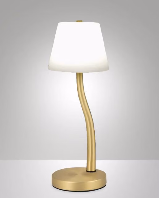 Lampada da Tavolo Ibla Fabas con LED da 9W, 750lm, 3000K, Dimmerabile al Tocco, Struttura in Metallo e Vetro Soffiato, Colore Ottone Satinato
