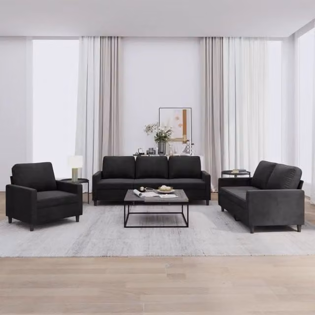 Set di divani 3 pezzi vidaXL in velluto nero con cuscini per soggiorno moderno – 1
