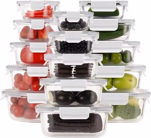 Set di contenitori in vetro per pasti, contenitori in vetro con set di coperchi, contenitori per alimenti in vetro con coperchi ermetici, resistente a microonde, congelatore e lavastoviglie, 15 pezzi, bianco