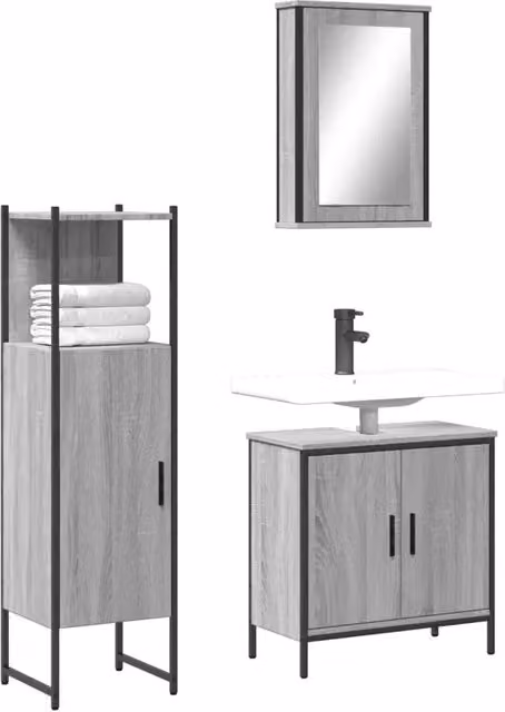 Set Mobili da Bagno Moderno vidaXL in Grigio composto da Mobile Lavabo, Armadietto con Specchio e Colonna, L/P/H: 60 x 30 x 121 cm