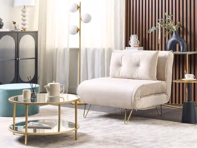 Divano letto singolo BELIANI in velluto beige con gambe in metallo dorato e meccanismo click-clack per soggiorno – 1